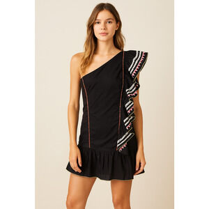 Love Shack Fancy Black 100% Cotton One Shoulder Ruffle Dress sz 2 Mexican Fiesta